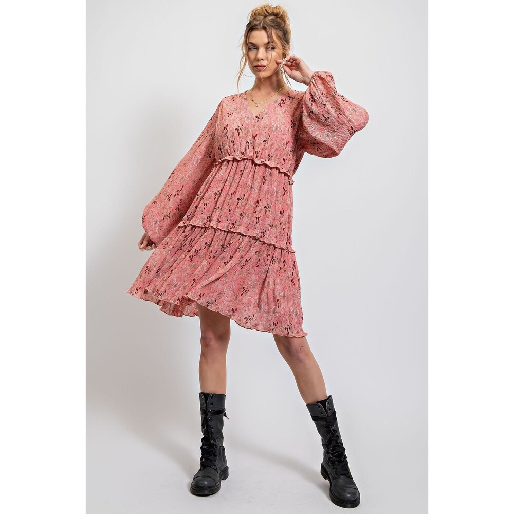 Easel Floral Pink Tiered V-Neck Dress